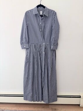 $825 Sara Roka Elena Gingham Navy Blue Long Sleeve Maxi Shirtdress size 10